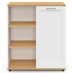 Buffet d'appoint 70 cm VITO 3 étagères et placard blanc et plateau bois