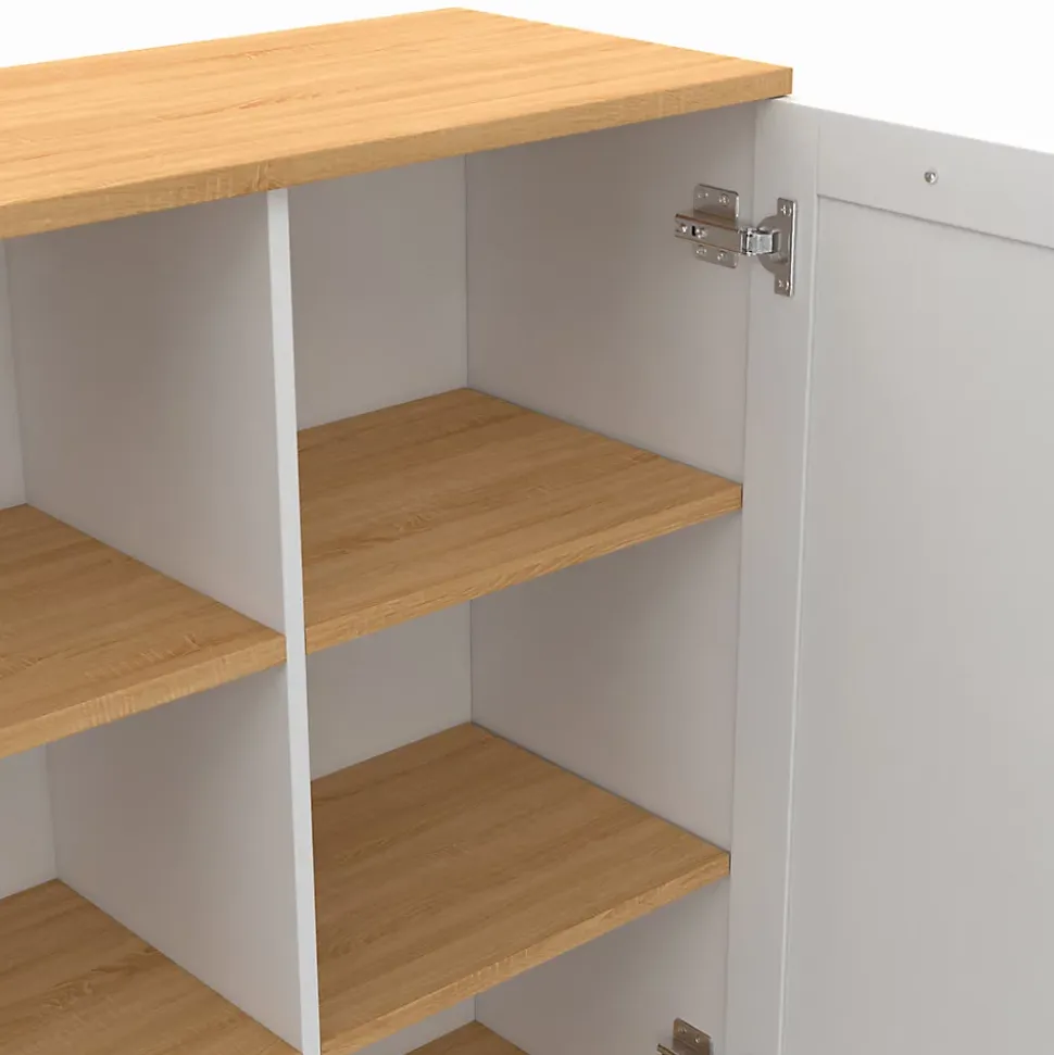 Buffet d'appoint 70 cm VITO 3 étagères et placard blanc et plateau bois