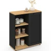 Buffet d'appoint 70 cm VITO 3 étagères et placard noir et plateau bois
