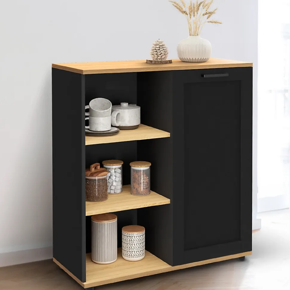 Buffet d'appoint 70 cm VITO 3 étagères et placard noir et plateau bois