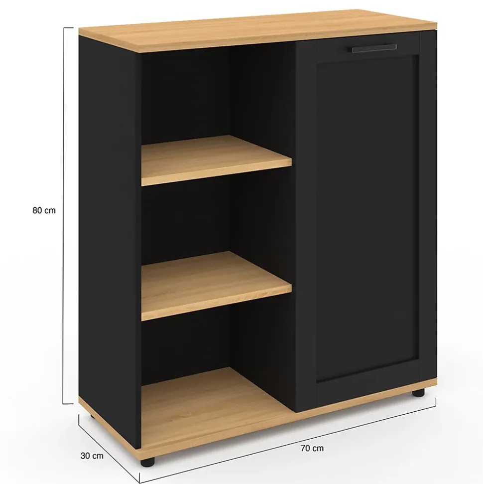 Buffet d'appoint 70 cm VITO 3 étagères et placard noir et plateau bois