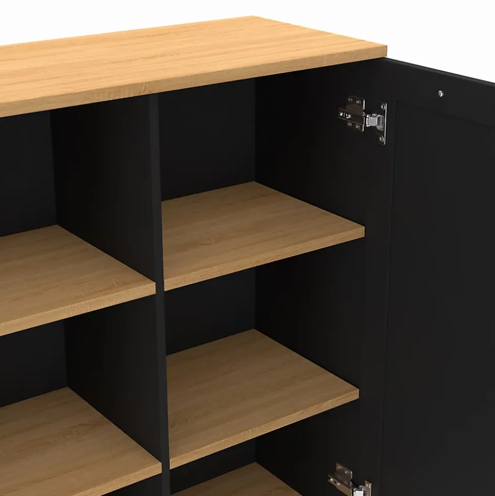 Buffet d'appoint 70 cm VITO 3 étagères et placard noir et plateau bois