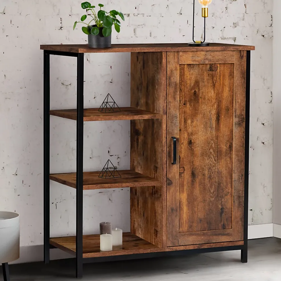 Buffet d'appoint 3 étagères et placard 70 cm DAYTON effet vieilli design industriel