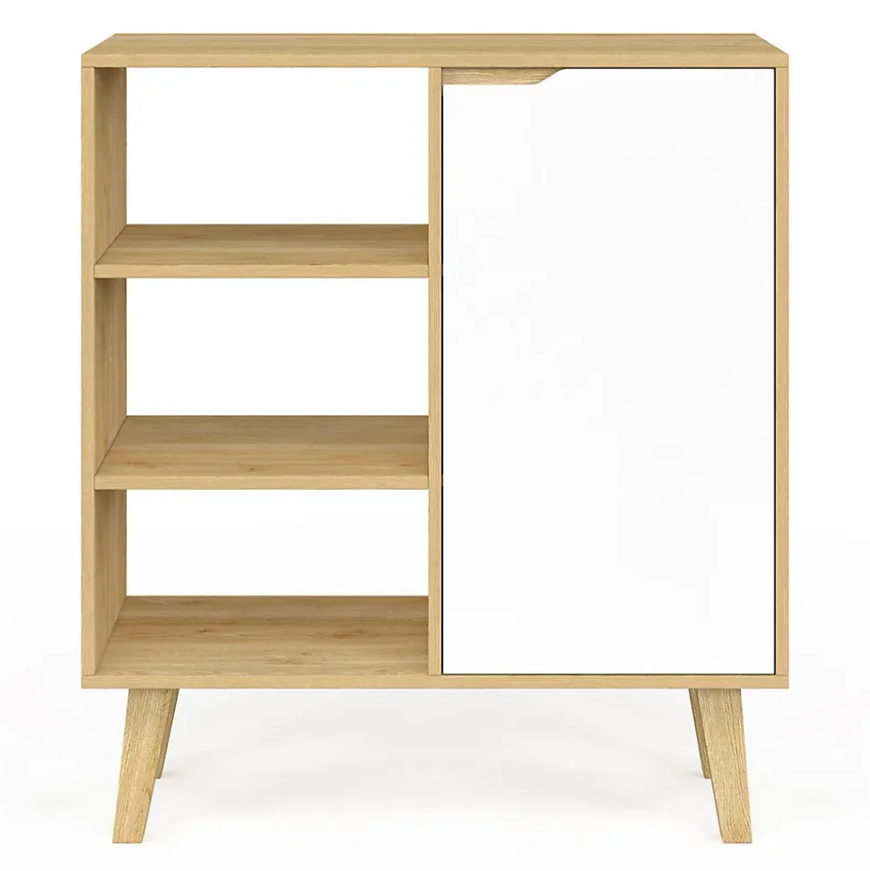 Buffet d'appoint 3 étagères et placard 70 cm FINN blanc et bois façon hêtre