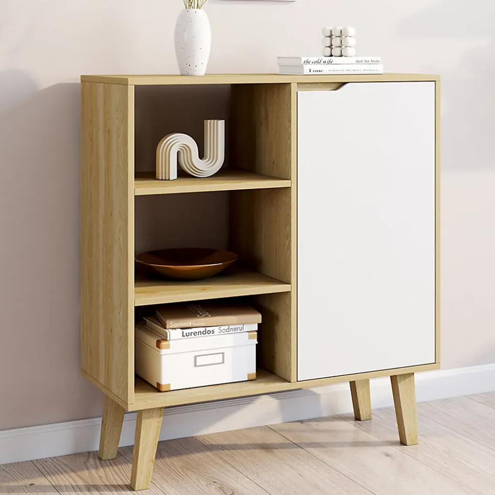 Buffet d'appoint 3 étagères et placard 70 cm FINN blanc et bois façon hêtre