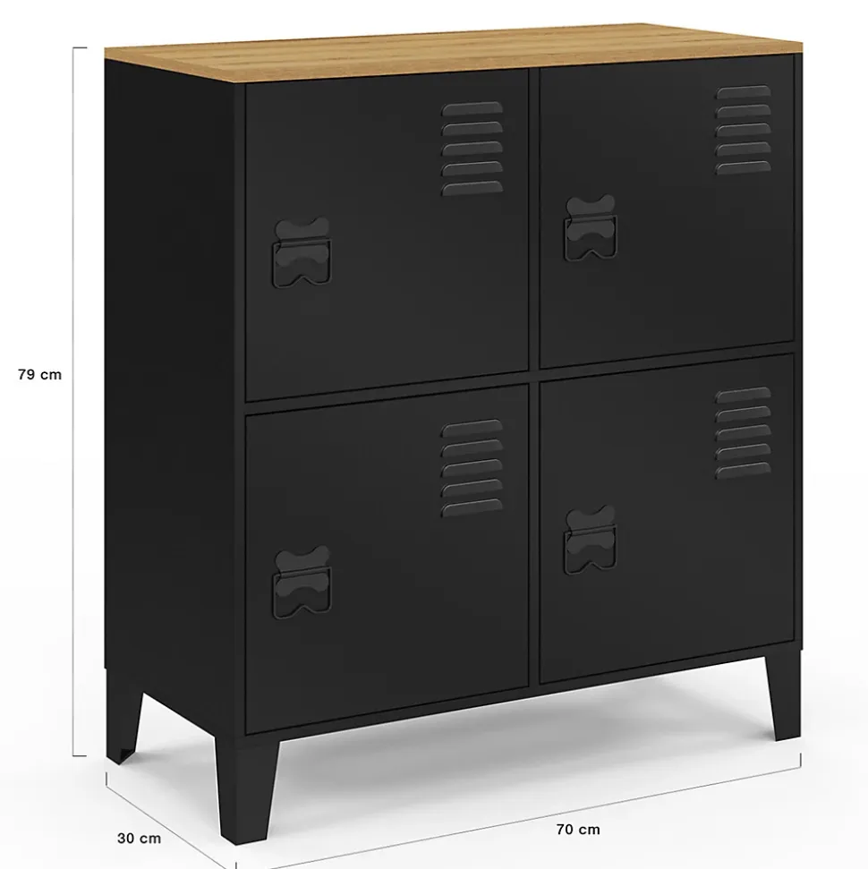 Buffet d'appoint casier 70 cm ESTER 4 portes en métal noir plateau bois design industriel
