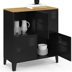 Buffet d'appoint casier 70 cm ESTER 4 portes en métal noir plateau bois design industriel