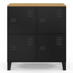 Buffet d'appoint casier 70 cm ESTER 4 portes en métal noir plateau bois design industriel