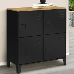 Buffet d'appoint casier 70 cm ESTER 4 portes en métal noir plateau bois design industriel