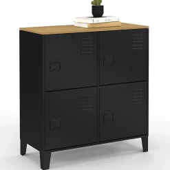 Buffet d'appoint casier 70 cm ESTER 4 portes en métal noir plateau bois design industriel