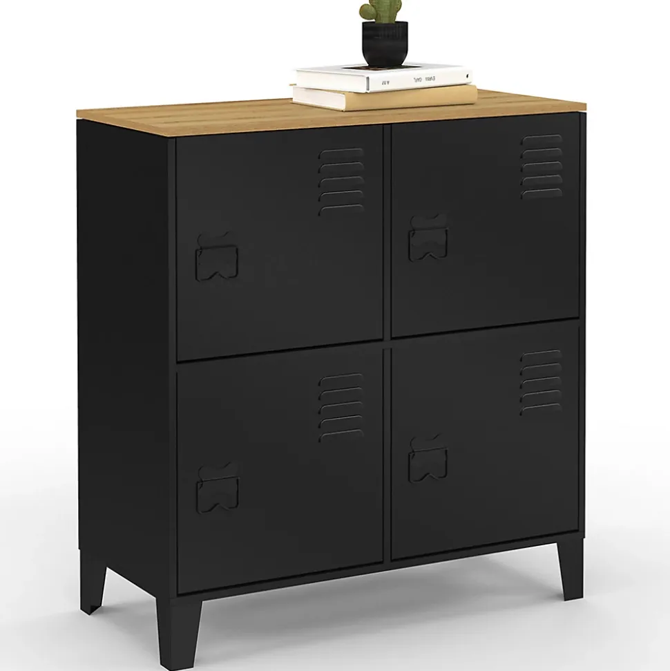 Buffet d'appoint casier 70 cm ESTER 4 portes en métal noir plateau bois design industriel