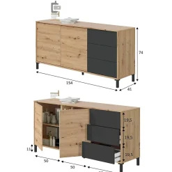 Buffet Dbog, Buffet de salon, Armoire de salon, Buffet moderne avec 2 portes et 3 tiroirs, 154x41h74 cm, Chêne noué et Anthracite