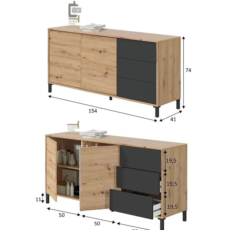 Buffet Dbog, Buffet de salon, Armoire de salon, Buffet moderne avec 2 portes et 3 tiroirs, 154x41h74 cm, Chêne noué et Anthracite