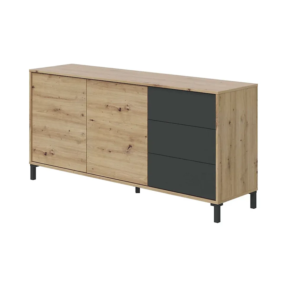 Buffet Dbog, Buffet de salon, Armoire de salon, Buffet moderne avec 2 portes et 3 tiroirs, 154x41h74 cm, Chêne noué et Anthracite