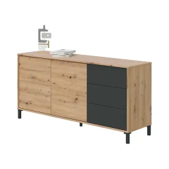 Buffet Dbog, Buffet de salon, Armoire de salon, Buffet moderne avec 2 portes et 3 tiroirs, 154x41h74 cm, Chêne noué et Anthracite