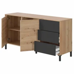 Buffet Dbog, Buffet de salon, Armoire de salon, Buffet moderne avec 2 portes et 3 tiroirs, 154x41h74 cm, Chêne noué et Anthracite