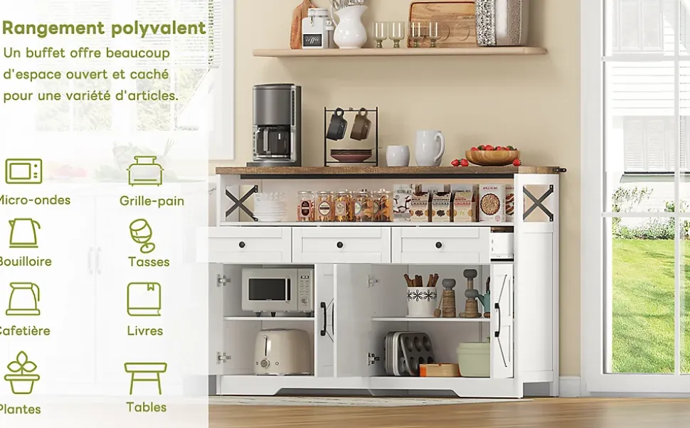 Buffet De 140 Cm Avec Rangement, Console Moderne Avec Portes Et Étagères Pour Cuisine, Salon, Blanc