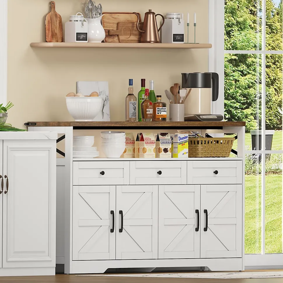 Buffet De 140 Cm Avec Rangement, Console Moderne Avec Portes Et Étagères Pour Cuisine, Salon, Blanc