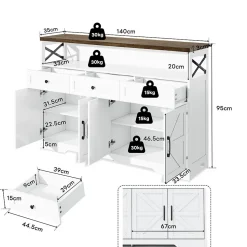 Buffet De 140 Cm Avec Rangement, Console Moderne Avec Portes Et Étagères Pour Cuisine, Salon, Blanc