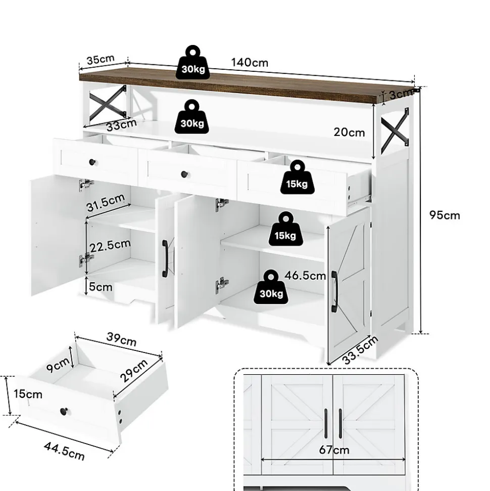 Buffet De 140 Cm Avec Rangement, Console Moderne Avec Portes Et Étagères Pour Cuisine, Salon, Blanc