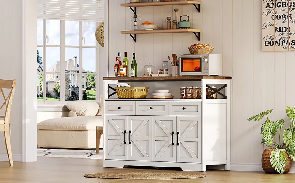 Buffet De 140 Cm Avec Rangement, Console Moderne Avec Portes Et Étagères Pour Cuisine, Salon, Blanc