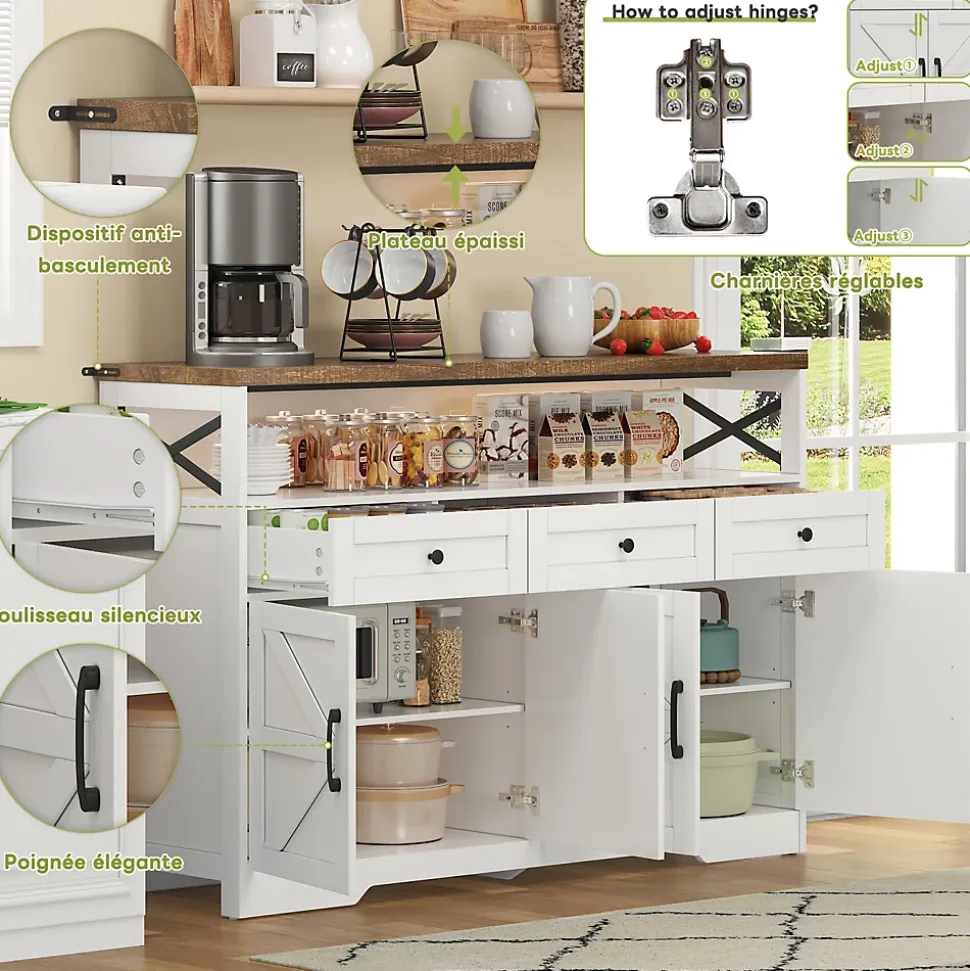 Buffet De 140 Cm Avec Rangement, Console Moderne Avec Portes Et Étagères Pour Cuisine, Salon, Blanc
