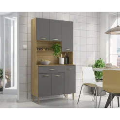 Buffet de Cuisine - APOLO - Imitation Chêne et Gris - 6 Portes - 1 Tiroir - 7 Niches