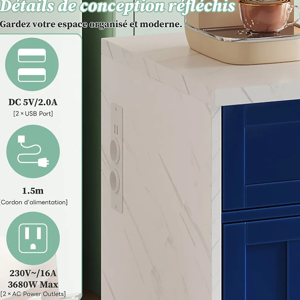 Buffet De Cuisine 120 Cm Avec Prises/usb - Étagères Réglables, Style Bar - Fonctionnel