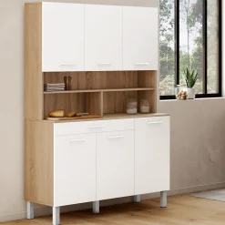 Buffet de cuisine 120 CM CINA 6 portes + tiroir façon hêtre et blanc