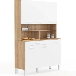 Buffet de cuisine 120 CM CINA 6 portes + tiroir façon hêtre et blanc