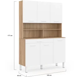 Buffet de cuisine 120 CM CINA 6 portes + tiroir façon hêtre et blanc