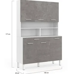 Buffet de cuisine 120 CM CINA 6 portes + tiroir blanc et effet béton