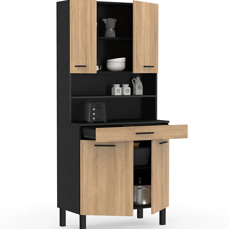 Buffet de cuisine 80 CM CINA 4 portes + tiroir noir et façon hêtre