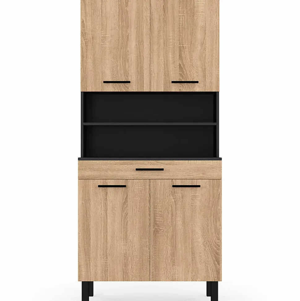 Buffet de cuisine 80 CM CINA 4 portes + tiroir noir et façon hêtre