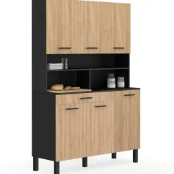 Buffet de cuisine 120 CM CINA 6 portes + tiroir noir et façon hêtre