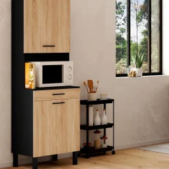 Buffet de cuisine 60 CM CINA 2 portes + tiroir noir et façon hêtre