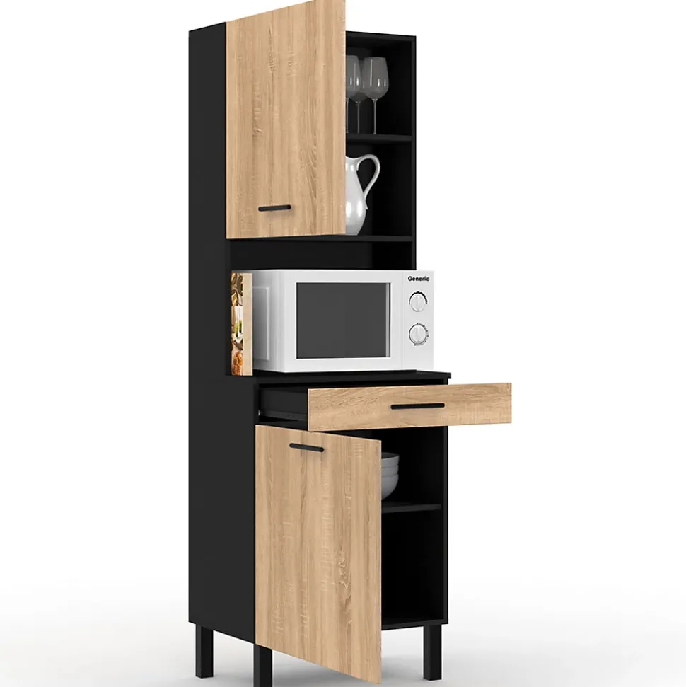 Buffet de cuisine 60 CM CINA 2 portes + tiroir noir et façon hêtre