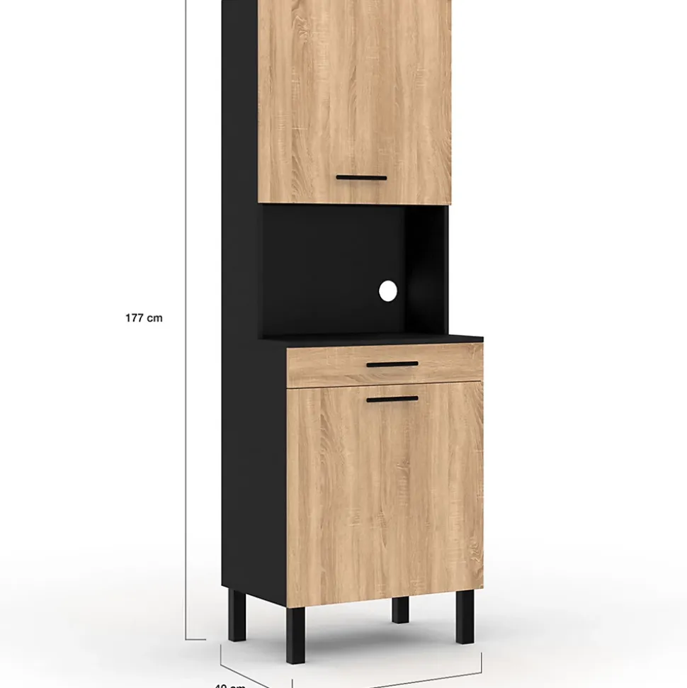 Buffet de cuisine 60 CM CINA 2 portes + tiroir noir et façon hêtre