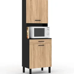 Buffet de cuisine 60 CM CINA 2 portes + tiroir noir et façon hêtre