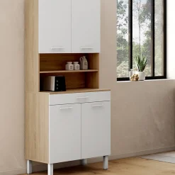 Buffet de cuisine 80 CM CINA 4 portes + tiroir façon hêtre et blanc
