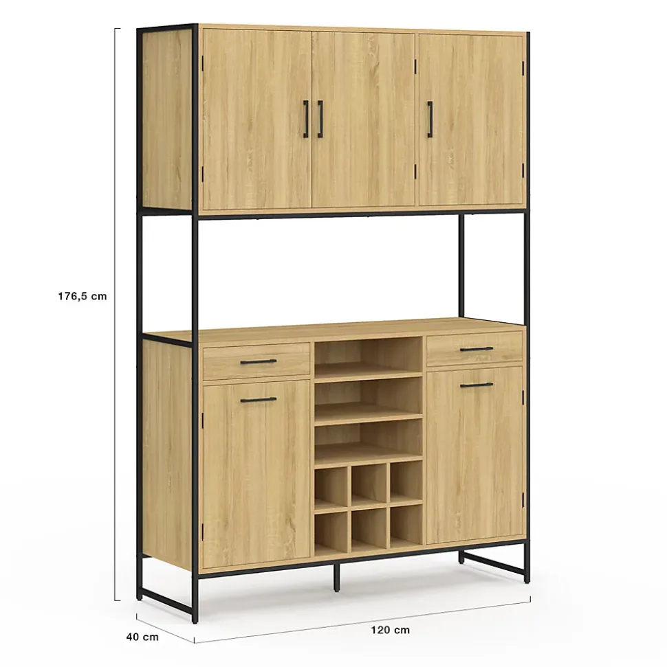 Buffet de cuisine 120 CM DETROIT 5 portes + tiroirs + range-bouteilles design industriel