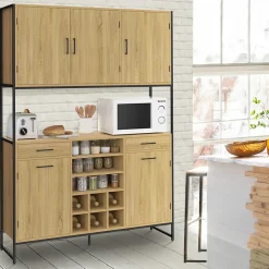 Buffet de cuisine 120 CM DETROIT 5 portes + tiroirs + range-bouteilles design industriel