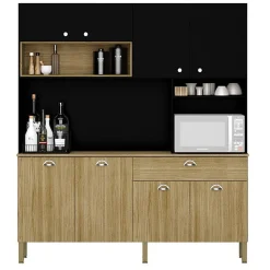 Buffet de Cuisine - CORE - Imitation Chêne et Noir - 8 Portes - 1 Tiroir - 10 Niches