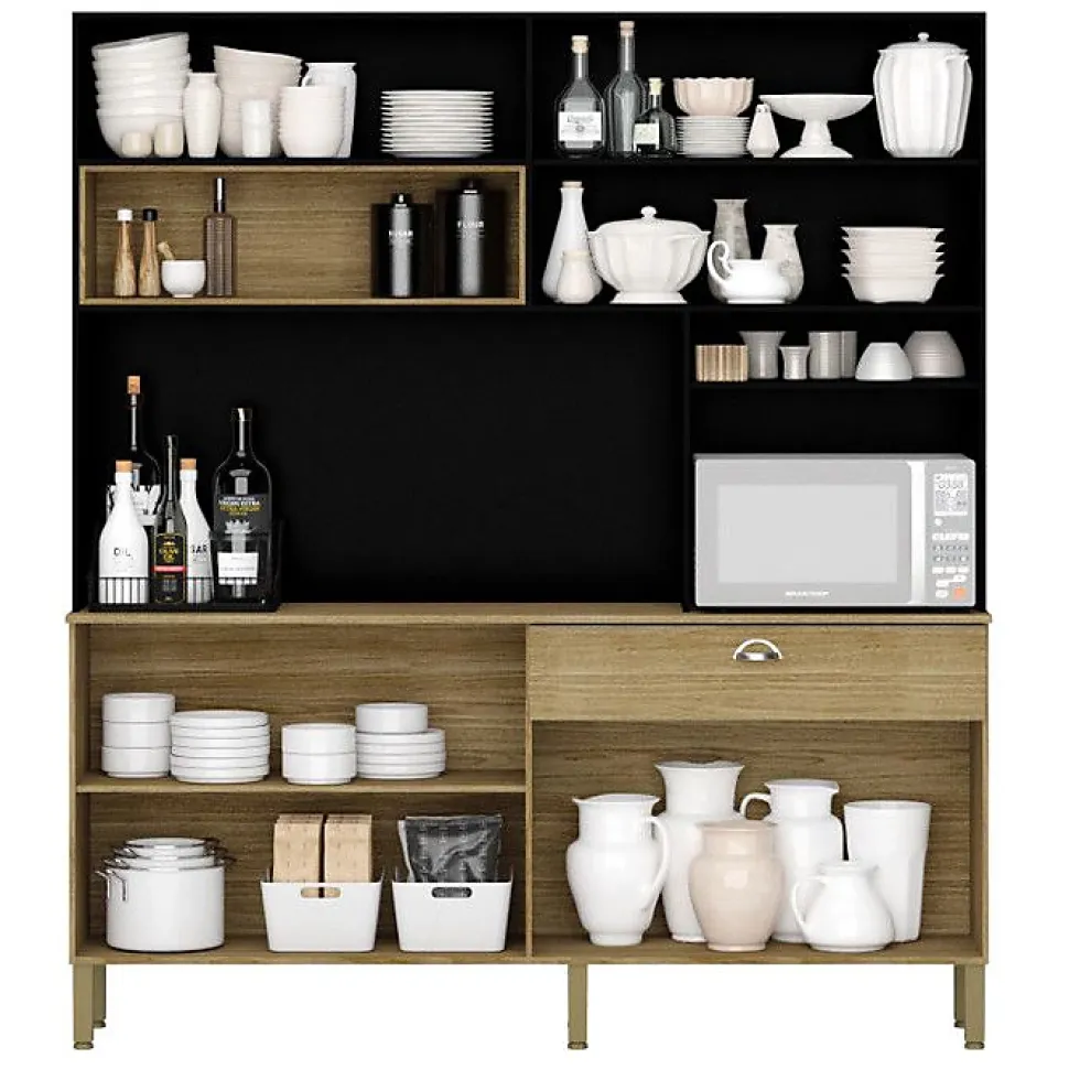 Buffet de Cuisine - CORE - Imitation Chêne et Noir - 8 Portes - 1 Tiroir - 10 Niches