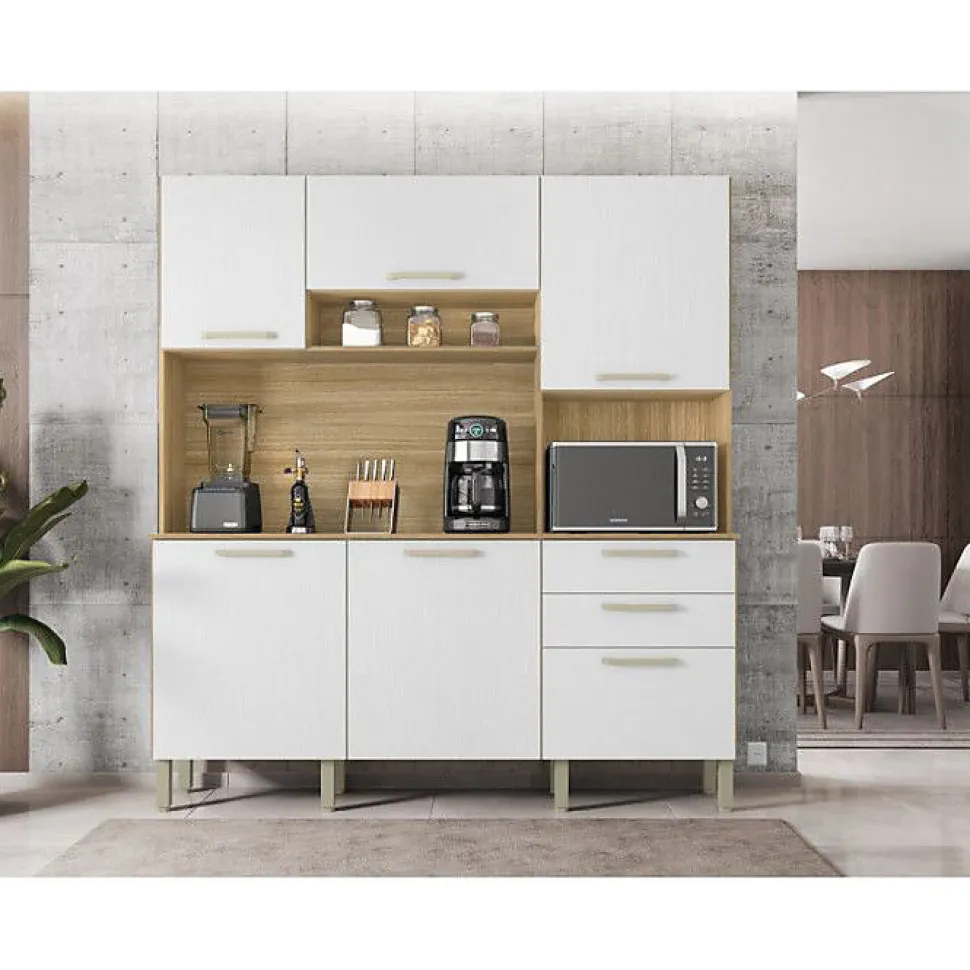 Buffet de Cuisine - FERRARA - Imitation Chêne et Blanc - 6 Portes - 2 Tiroirs - 180 cm