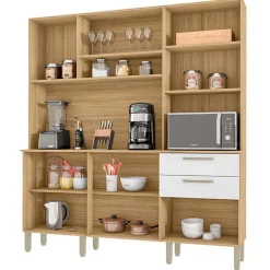Buffet de Cuisine - FERRARA - Imitation Chêne et Blanc - 6 Portes - 2 Tiroirs - 180 cm