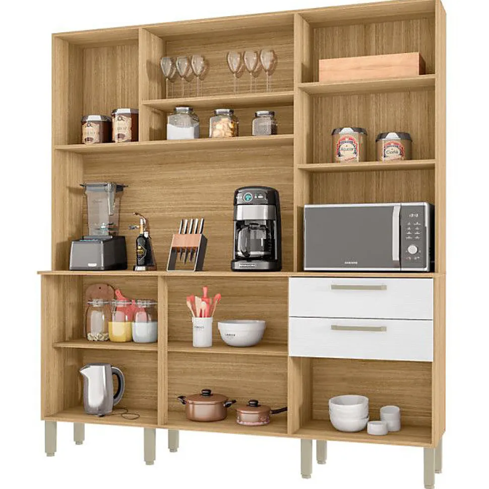 Buffet de Cuisine - FERRARA - Imitation Chêne et Blanc - 6 Portes - 2 Tiroirs - 180 cm