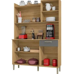 Buffet de Cuisine - GENOVA - Imitation Chêne et Gris - 6 Portes - 1 Tiroir - 121.5 cm