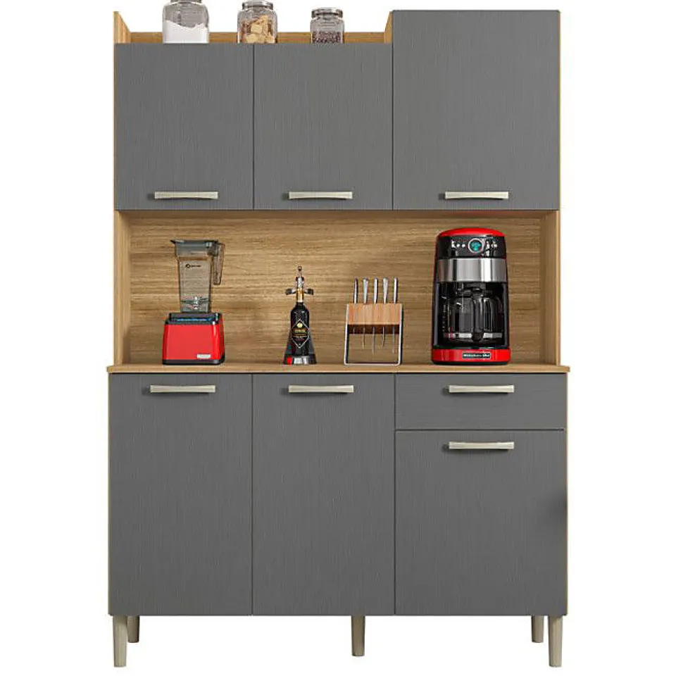 Buffet de Cuisine - GENOVA - Imitation Chêne et Gris - 6 Portes - 1 Tiroir - 121.5 cm
