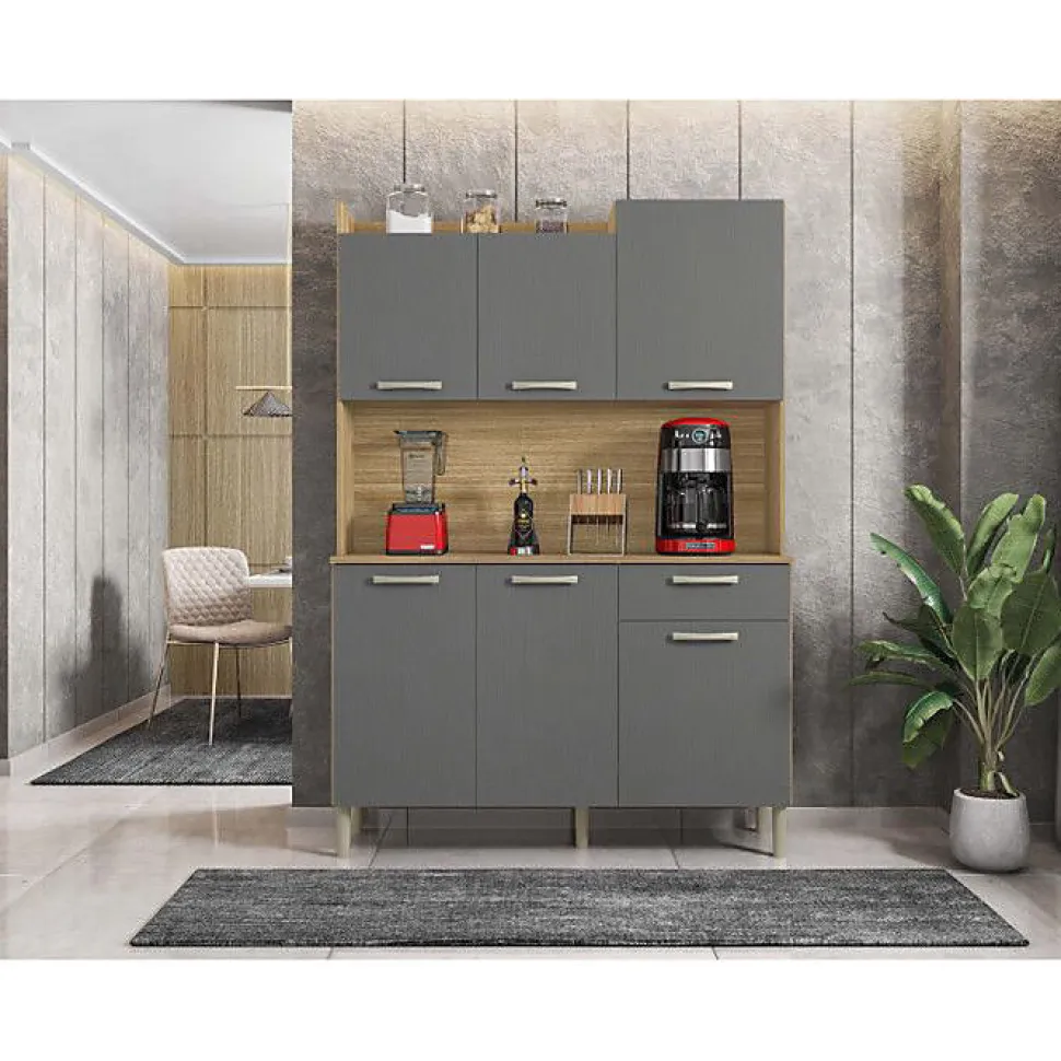 Buffet de Cuisine - GENOVA - Imitation Chêne et Gris - 6 Portes - 1 Tiroir - 121.5 cm